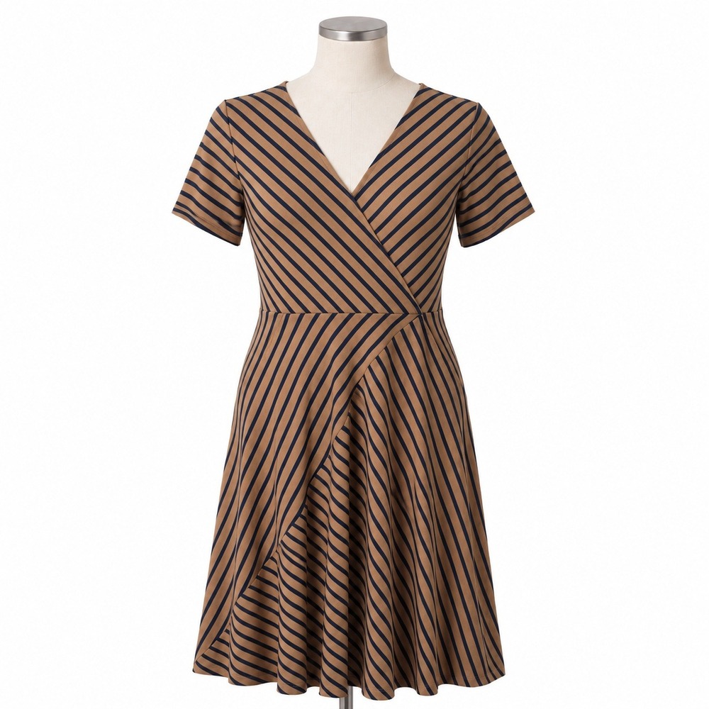 Lands End Womens Brown Navy Striped V-Neck Fit Flare Midi Dress Size L 14-16